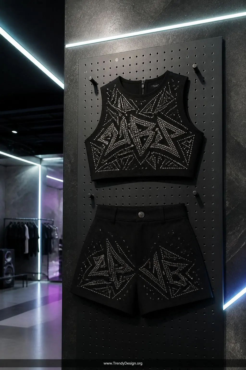 High-waisted black shorts and cropped top with geometric jet and clear rhinestone graffiti pattern pinned flat on an industrial pegboard display wall, urban dance studio wardrobe room, medium shot with cool LED strip lighting cutting sharp angles across holographic stone surfaces.