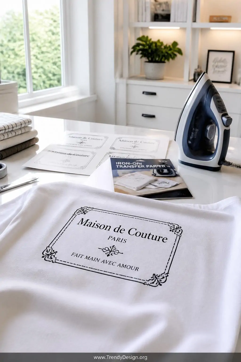 Printed iron-on transfer fabric label with elegant typography and decorative border pressed onto white cotton fabric on a bright modern craft room desk, cool daylight from a large window, iron and transfer paper sheets arranged neatly nearby, medium wide shot showing polished professional finish, photorealistic interior design.