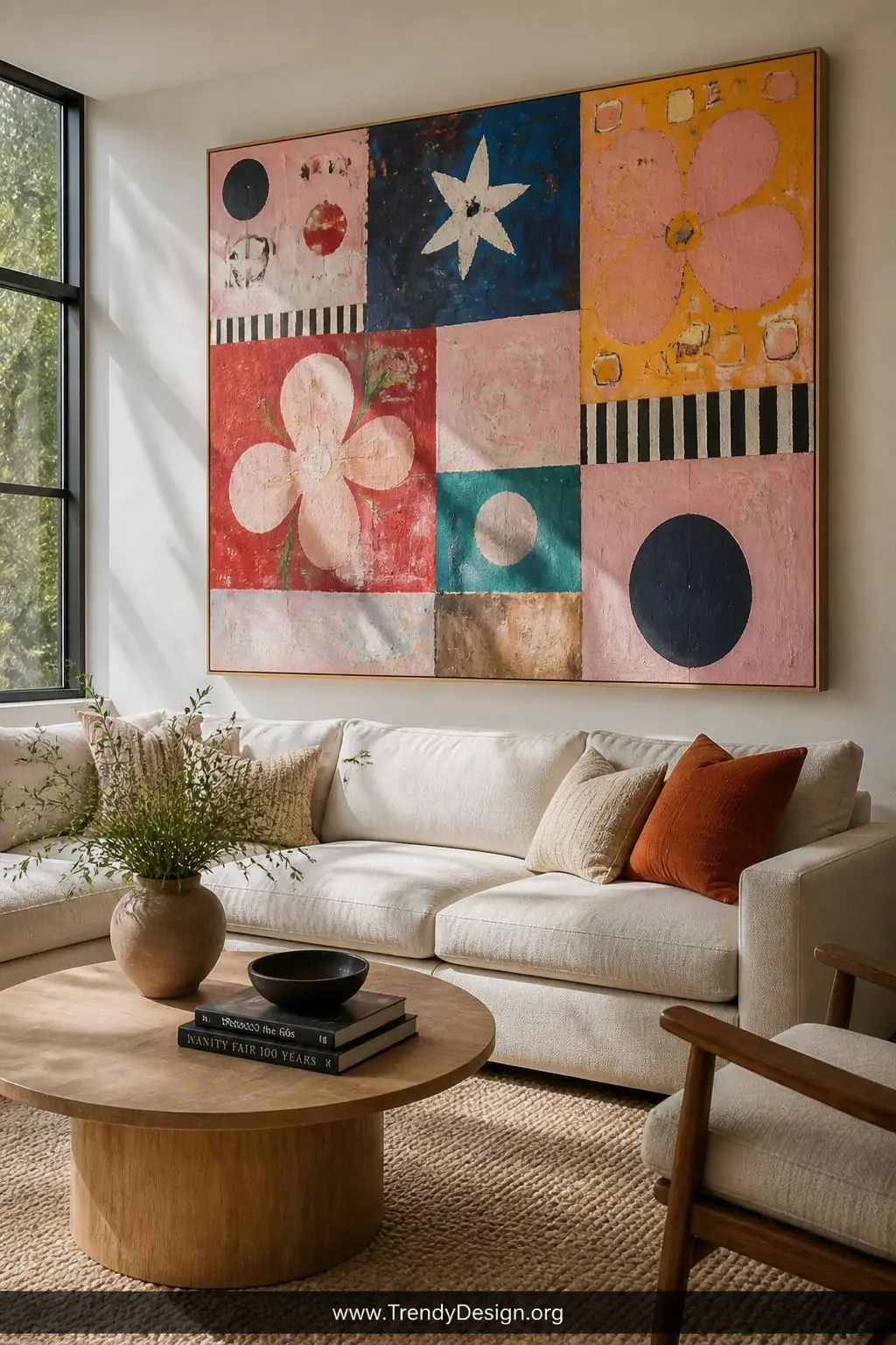 Large stretched canvas with bold collaborative abstract sections of stars, flowers, and geometric shapes in primary colors and pastels displayed on a living room gallery wall above a linen sofa, natural light from a nearby window illuminating the textured brushstrokes and layered paint surface, wide shot