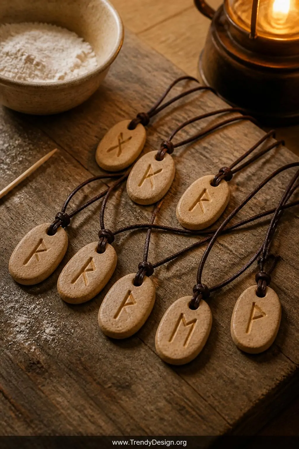 Small oval salt dough rune pendants in warm beige tones with carved Elder Futhark symbols, threaded on dark leather cords and arranged on a weathered wooden board beside a ceramic bowl of flour and a toothpick, warm golden lamp light, closeup.