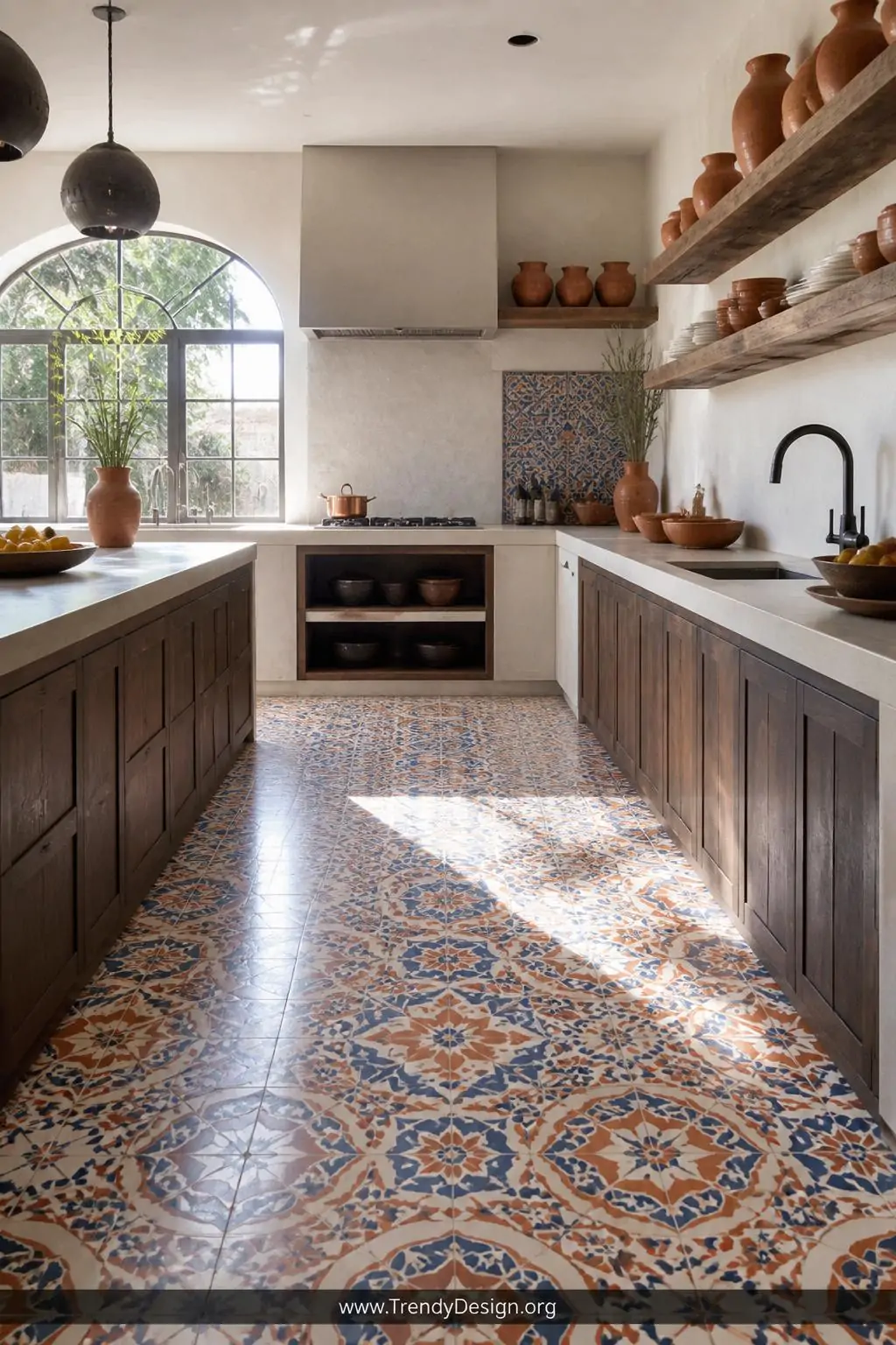 Medium photorealistic shot of a concrete-toned kitchen floor hand-stenciled with intricate Moroccan geometric patterns in dus