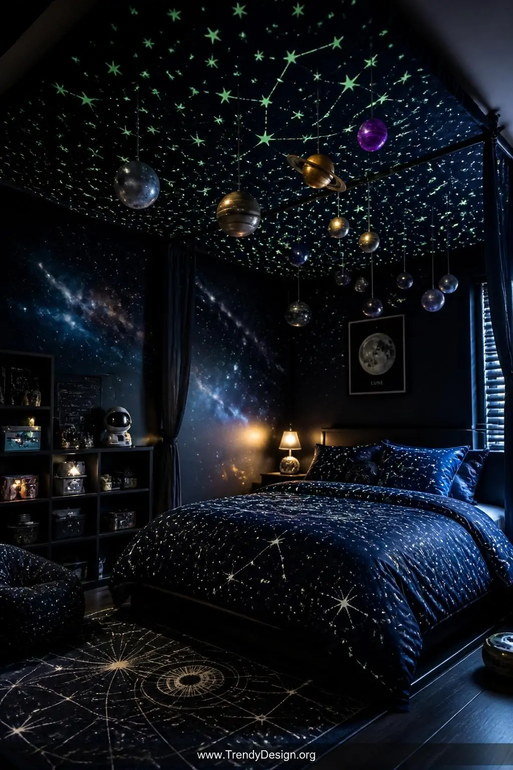 Photorealistic wide-angle shot of a dramatic children's outer space bedroom where a deep navy and matte black fabric canopy h