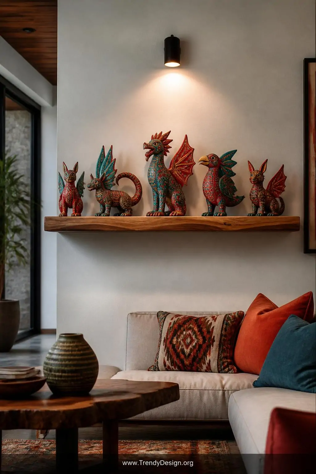 Collection of five hand-carved and hand-painted wooden Alebrije sculptures in vivid crimson, turquoise, and gold arranged on a floating natural walnut shelf, intricate dot and geometric patterns visible on each fantastical creature, soft directional spotlight above, medium shot of a modern eclectic living room.
