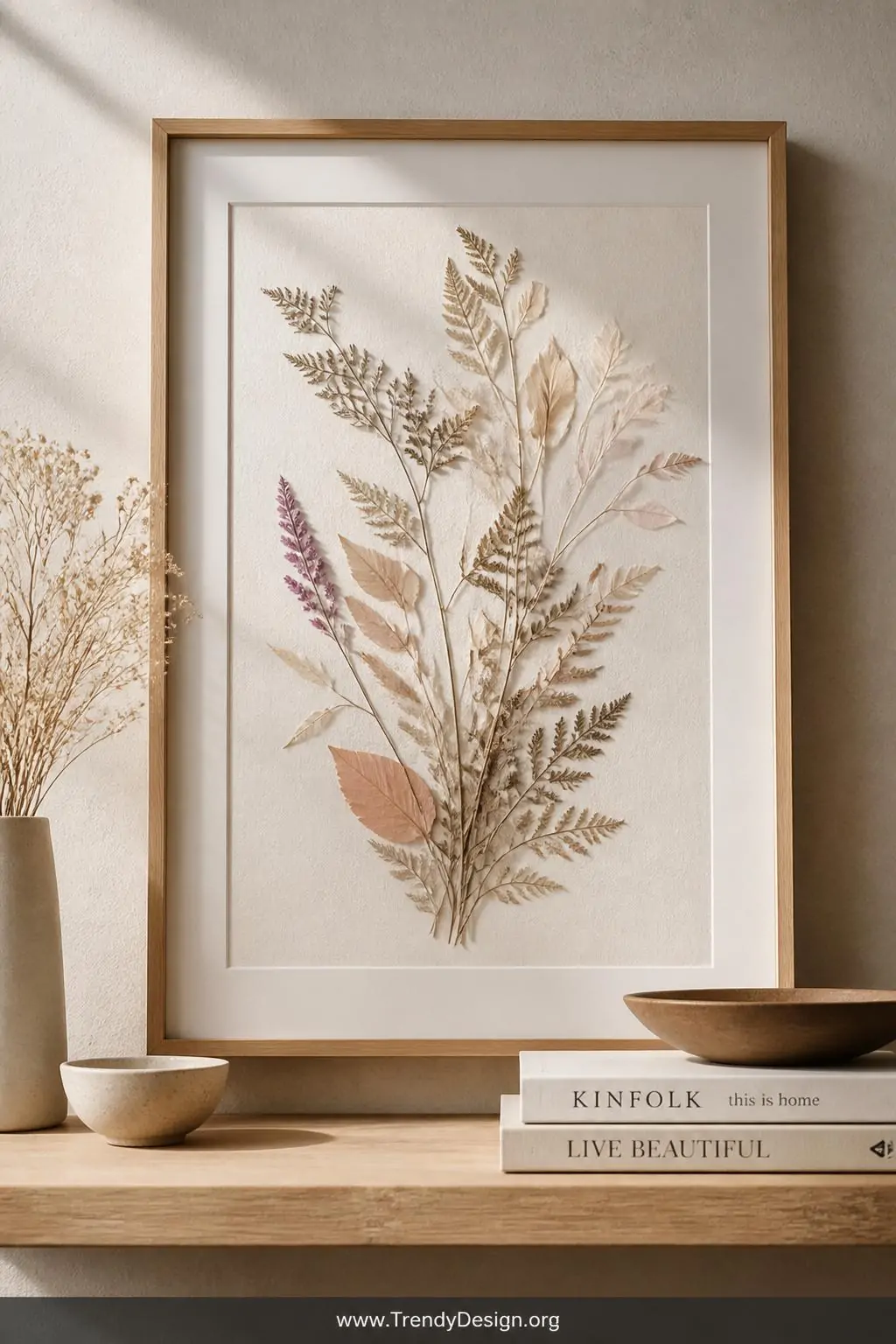 Pressed botanical art arrangement on watercolor paper inside a thin oak frame, Scandinavian-inspired shelfscape, dried florals in blush, ivory, and dusty lavender layered asymmetrically against a soft white mat, diffused natural window light, closeup
