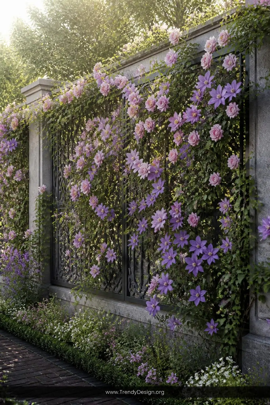 Dark wrought-iron trellis panel attached to a stone-grey fence in a lush cottage garden, romantic climbing style, dense violet clematis and blush climbing roses weaving through the geometric lattice in a fragrant waterfall of blooms and glossy deep-green leaves, soft backlit morning light glowing through the petals, wide shot.