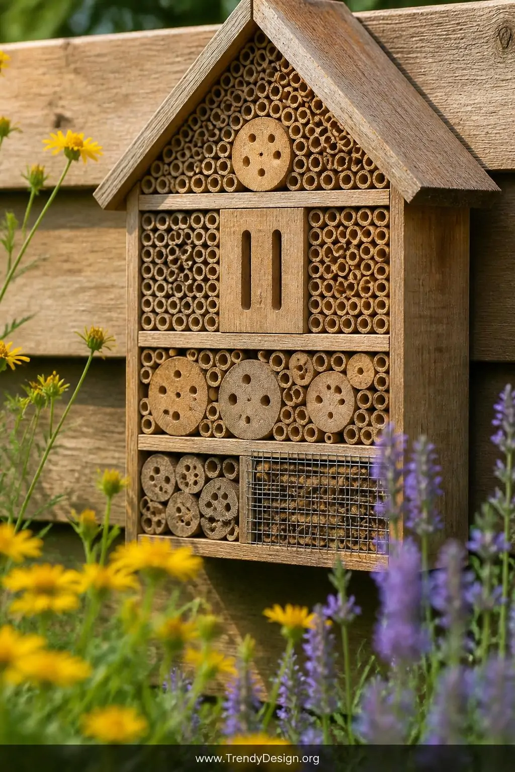 Rustic wooden bee hotel mounted on a sun-warmed south-facing timber fence, packed with bamboo tubes, drilled wooden blocks, and bundled hollow stems in warm honey and cream tones, surrounded by blurred yellow and purple wildflowers, bright midday light, closeup shot revealing intricate tunnel textures, photorealistic garden photography.