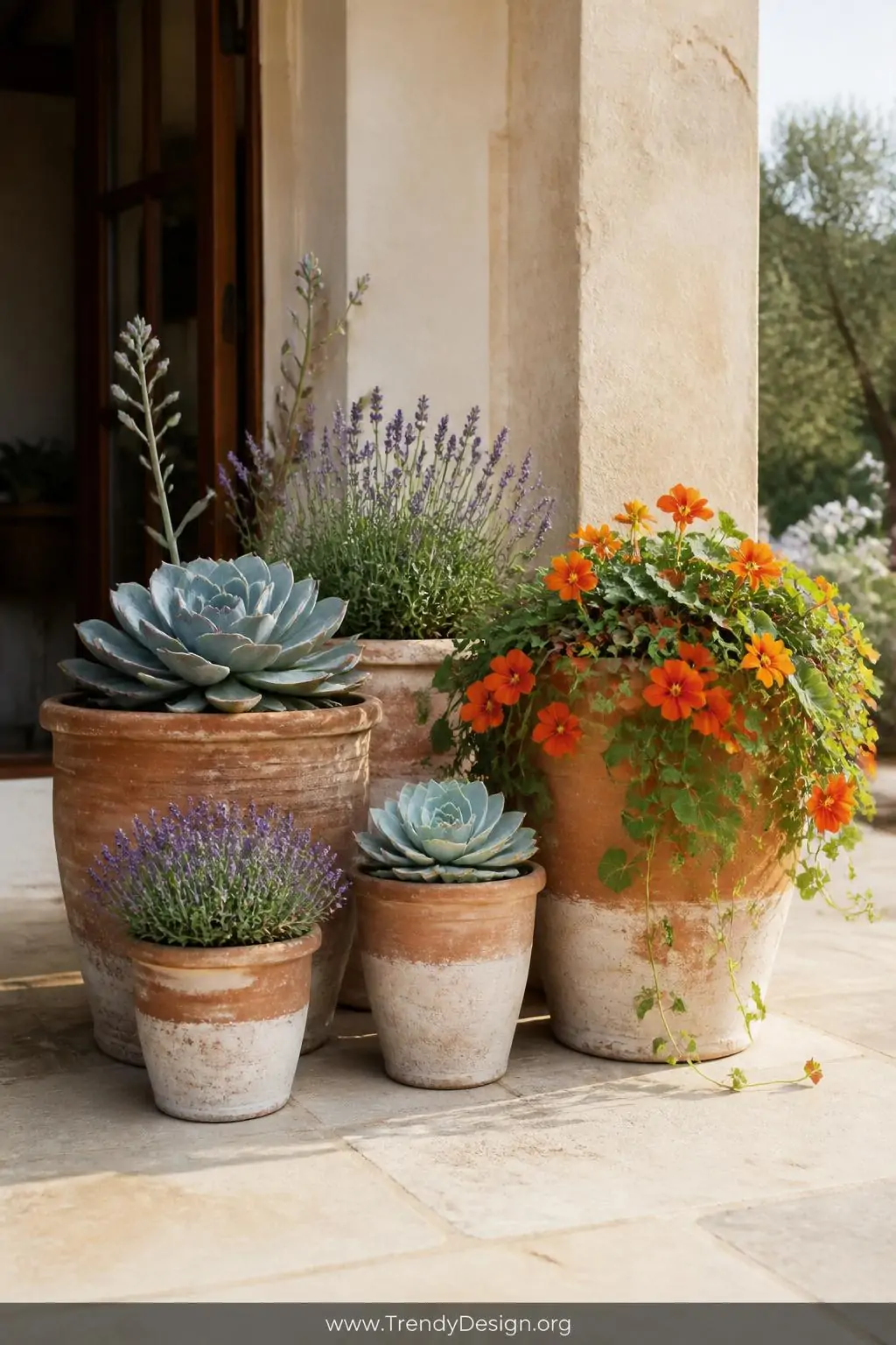Cluster of five terracotta pots in graduating sizes on a sun-bleached stone patio, some dipped in dusty chalk-white paint, planted with spiky silver echeveria, soft lavender, and dramatic trailing nasturtiums spilling in burnt orange over rough clay edges, medium shot, warm natural light, photorealistic.
