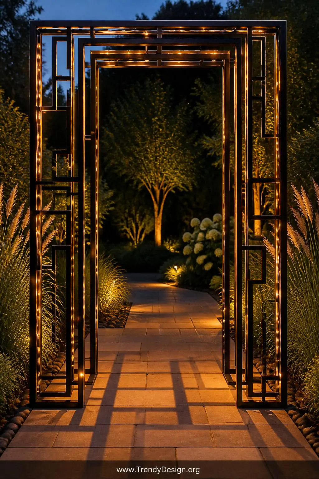 Sleek matte black geometric metal garden arch on a sandstone pathway, contemporary minimalist style, bold angular frame with clean rectangular lattice panels casting sharp graphic shadows across warm-toned pavers, solar-powered copper fairy lights threaded precisely through the metalwork glowing softly at dusk, tall ornamental grasses swaying at either side, bronze and black tones against deep green foliage, medium wide shot at twilight.