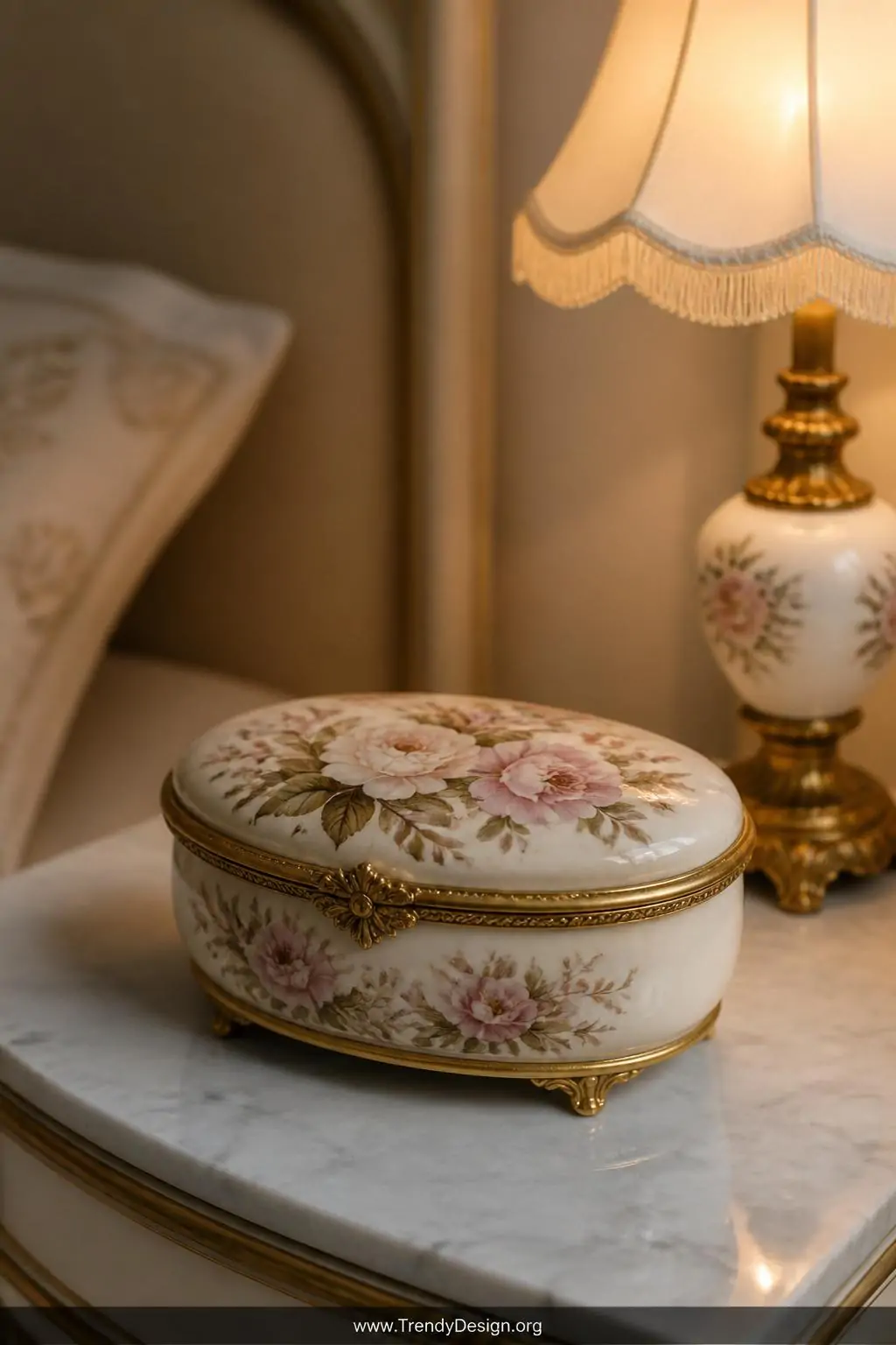 Ornate enamel trinket box with hand-painted floral lid on a marble bedside table beside a delicate reading lamp, antique gold trim catching warm incandescent light, shallow depth of field closeup showing intricate petal details and fine brushwork on cream and blush tones, photorealistic interior design.
