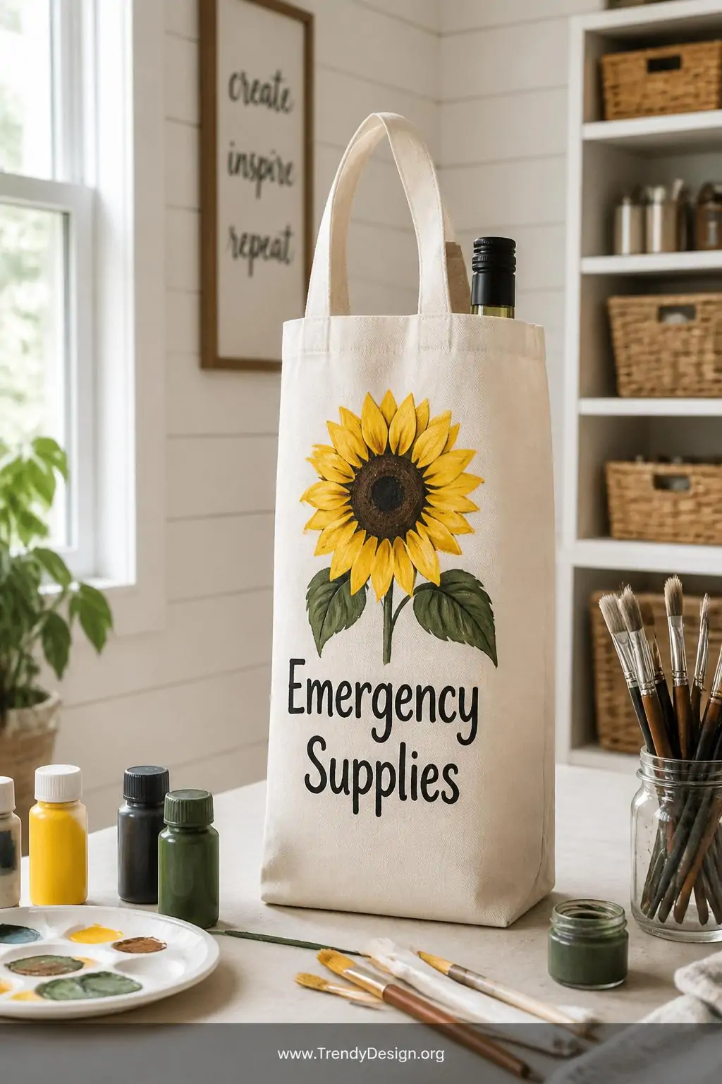 Plain canvas wine tote bag hand-painted with a bright yellow sunflower and bold black 