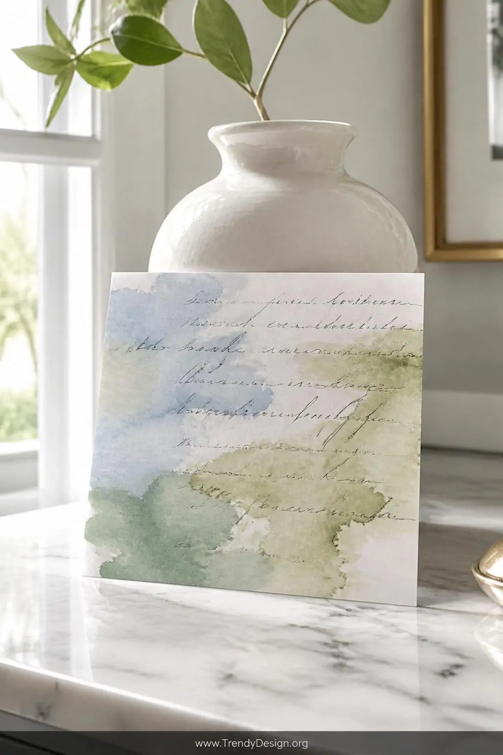 Watercolor card with loose abstract washes of soft blue and sage green background with fine black handwritten script overlaid, propped against a white ceramic vase on a marble countertop under bright natural window light, closeup, photorealistic interior design