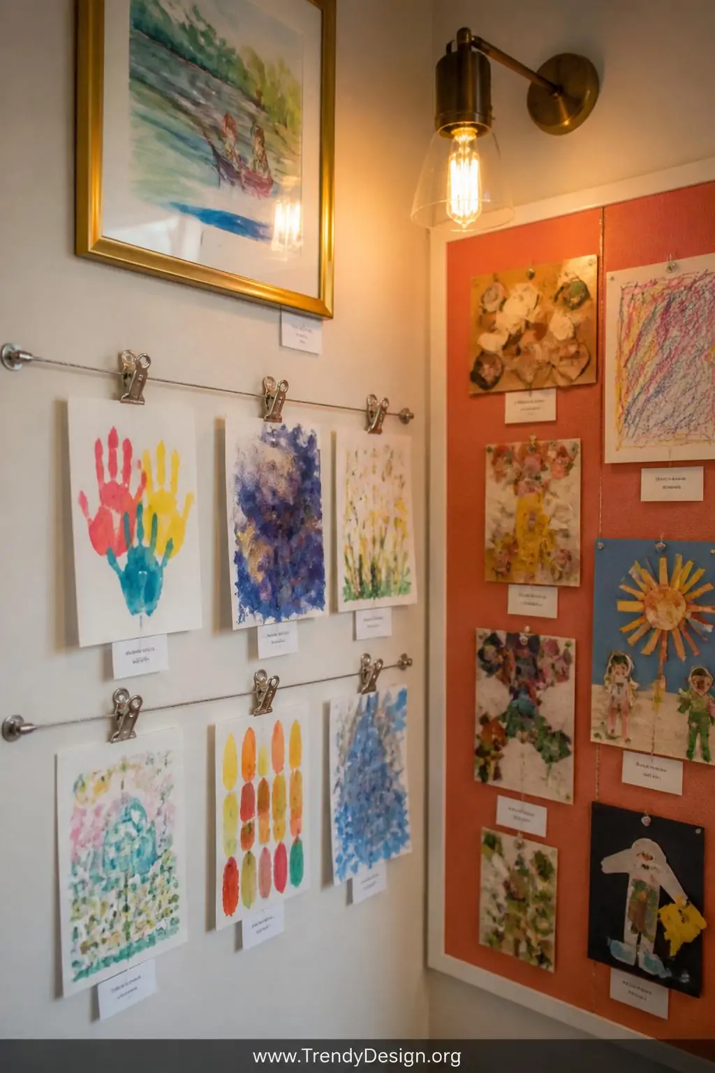 Closeup shot of a vibrant children's gallery wall corner featuring a taut horizontal wire display system with polished silver
