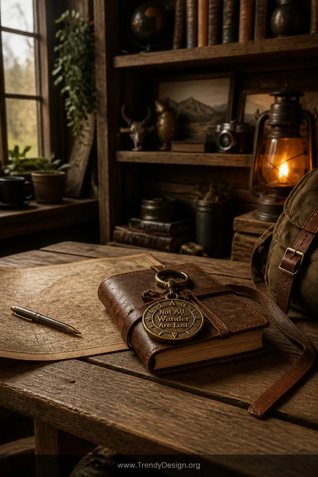Aged brass compass-shaped keychain etched with 