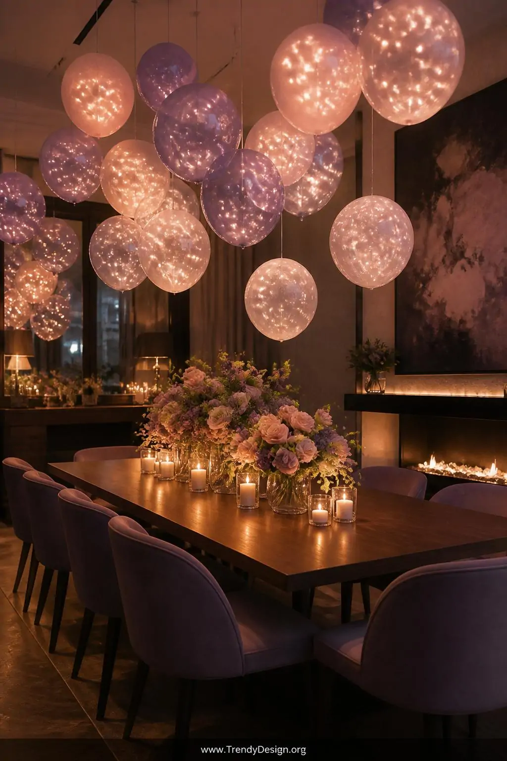 Cluster of blush and lavender balloons stuffed with warm-white LED fairy lights floating at varying heights above a dark walnut dining table in an intimate evening setting, glowing orbs reflecting off matte walls, wide shot