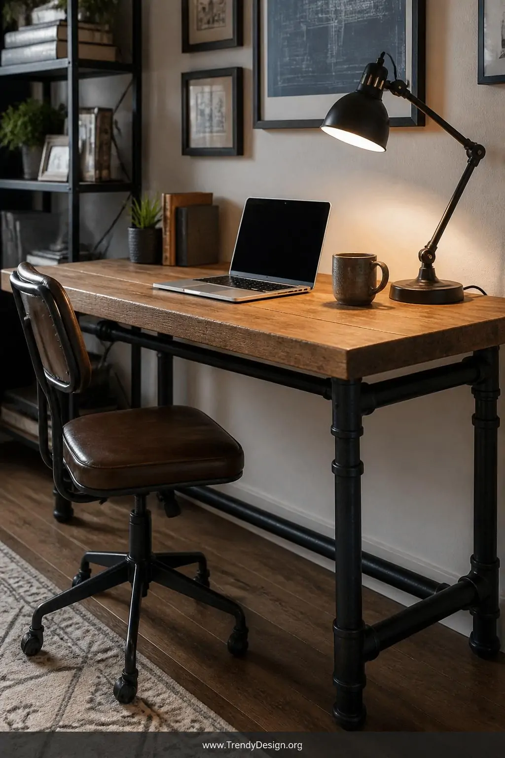 PVC pipe desk with a thick reclaimed wood tabletop in a creative home office, dark pipe frame contrasting against the warm honey-toned wood surface holding a laptop and ceramic mug, directional task lamp casting focused warm light, medium shot at slight angle.