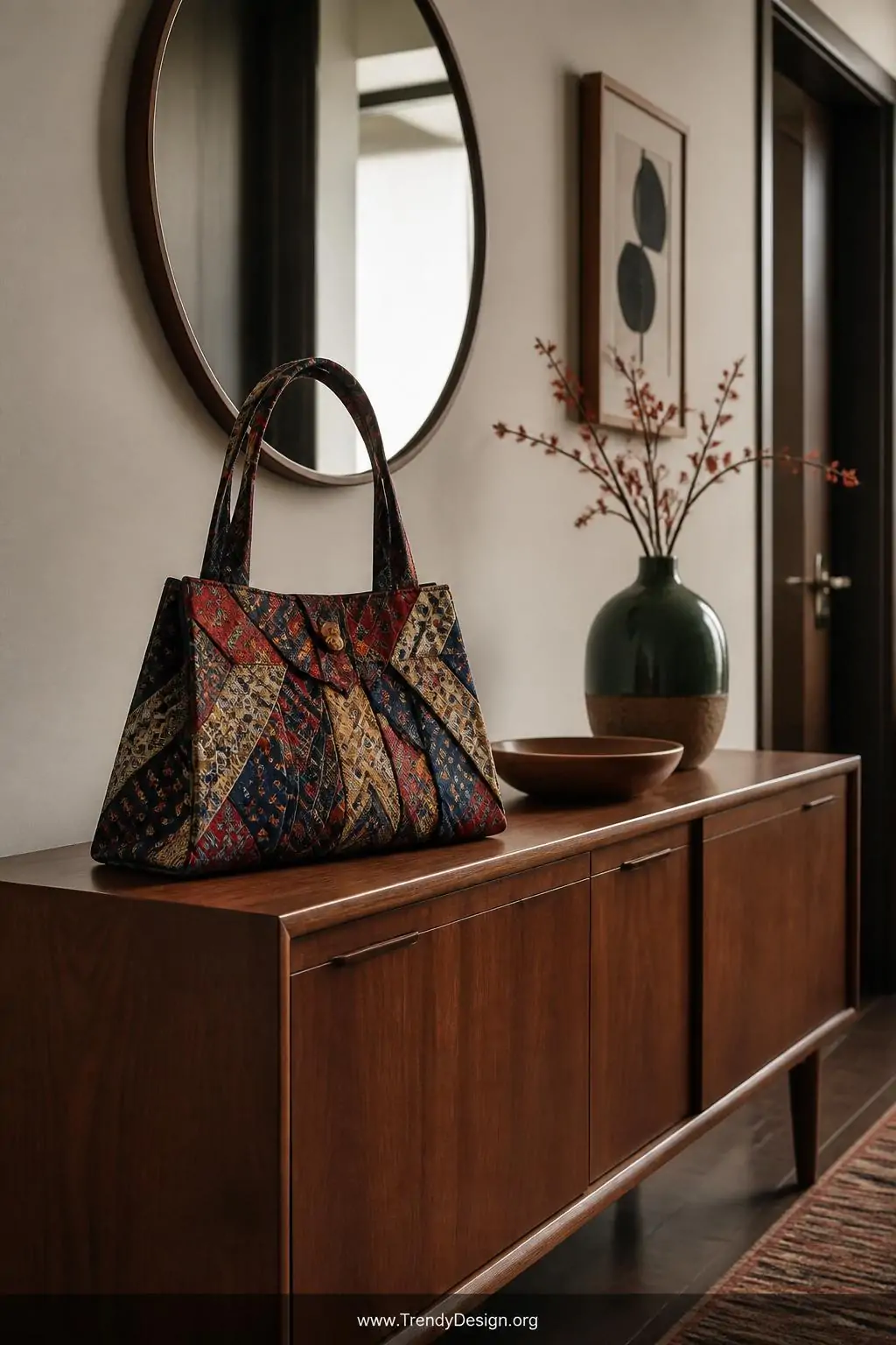 Geometric-print vintage necktie handbag with fabric handles and magnetic snap closure resting on a mid-century modern credenza, moody studio lighting, medium shot showcasing bold retro colors against a deep walnut wood surface in a stylish entryway.