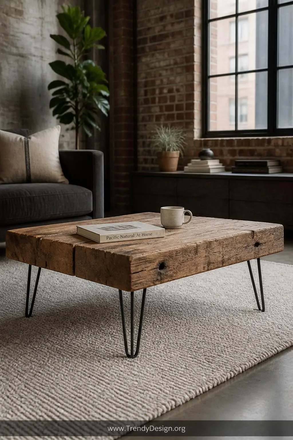 Chunky reclaimed wood coffee table with raw natural finish set on slim black hairpin legs centered on a cream wool rug in an industrial living room, styled with a linen-bound book and ceramic mug, natural daylight, medium shot.