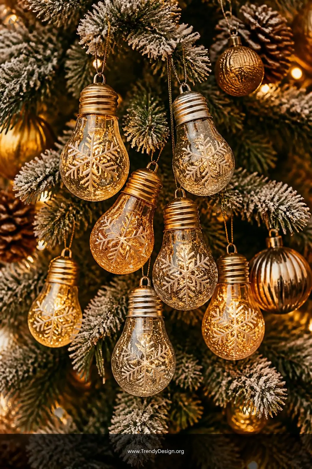 Cluster of glitter-filled glass light bulb Christmas ornaments dusted in silver and gold, hand-painted with white snowflake details and hanging from a richly decorated frosted pine tree, warm amber holiday lighting glowing against deep forest green branches, closeup shot.
