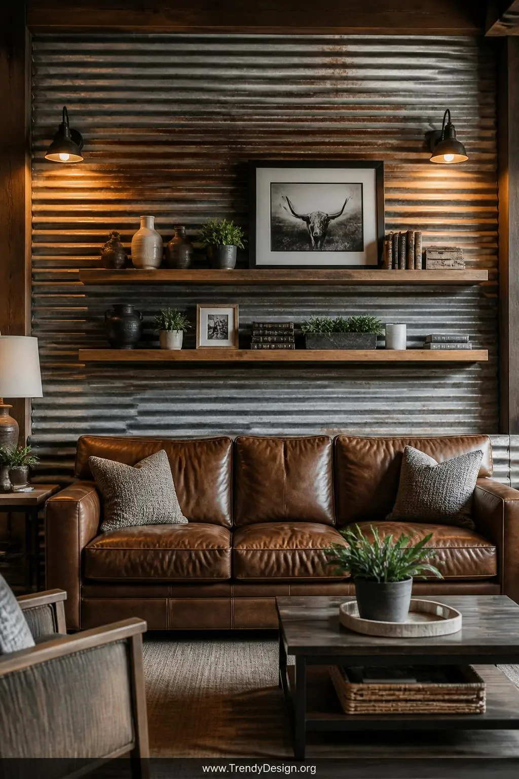 Grain bin corrugated metal accent wall behind a leather sofa in a living room, wide shot, salvaged ribbed panels with warm wood tones and floating shelves styled with decor objects, warm-toned sconce lighting casting shadows across the deep textured surface, masculine farmhouse style, photorealistic interior design.