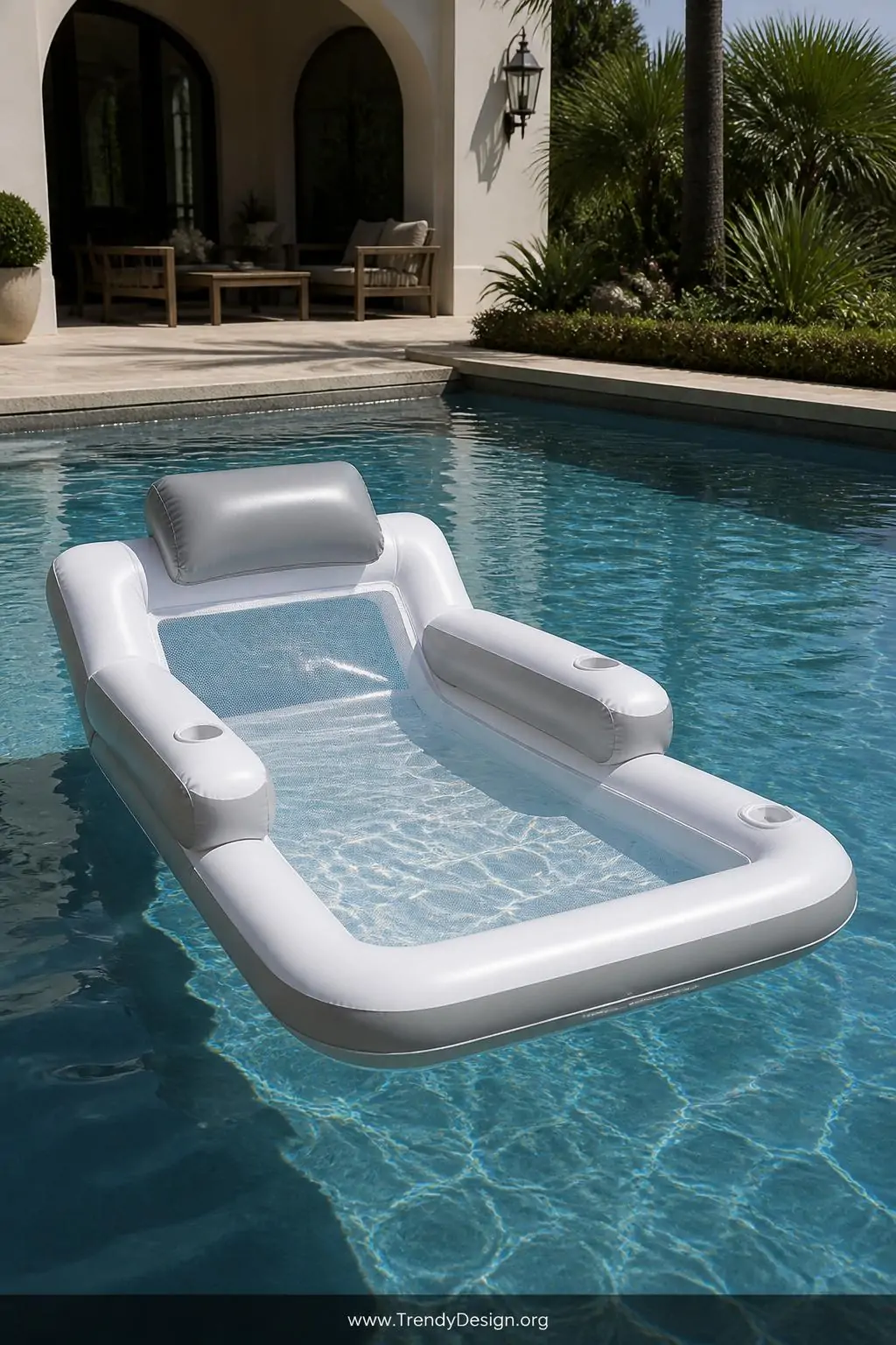 Luxury inflatable pool lounge chair float in crisp white and pearl gray with built-in armrests and headrest pillow positioned on calm blue pool water, upscale backyard pool, sophisticated resort style, two-chamber vinyl construction with mesh seating panel glowing beneath sunlit water, medium wide shot