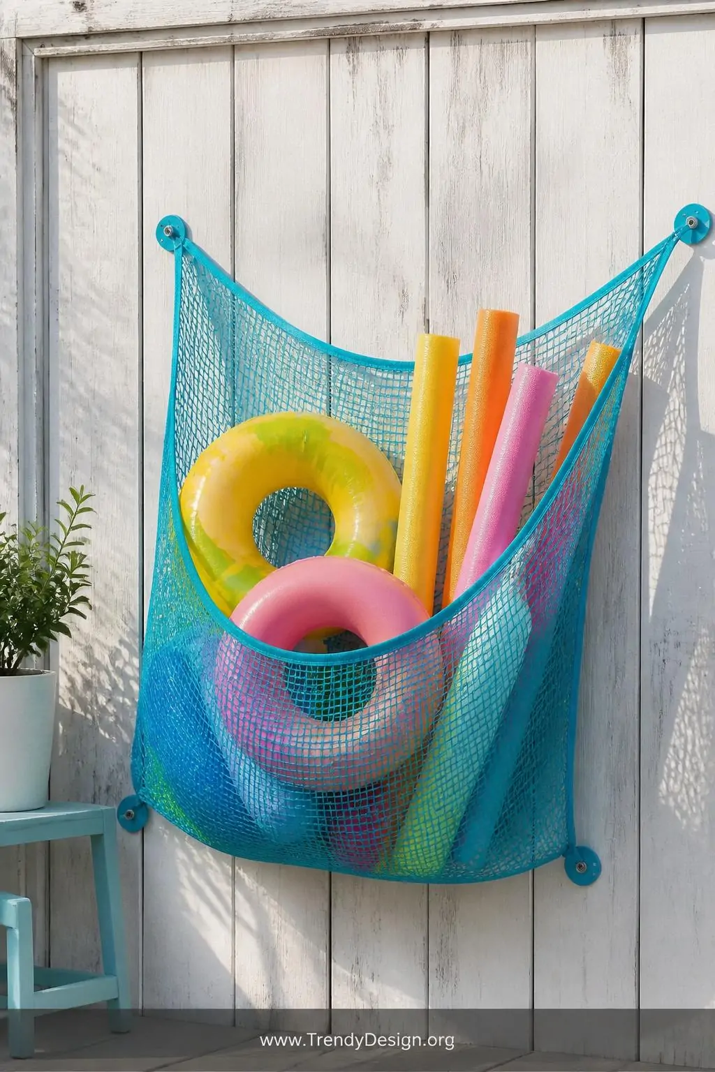 Wall-mounted bright turquoise mesh storage net anchored to a weathered white pool fence, bulging with colorful inflatable floaties and foam noodles in yellow pink and orange, sea-salt-bleached wood planks behind it, natural daylight casting soft grid shadows through the mesh onto the fence, medium shot, photorealistic interior design.