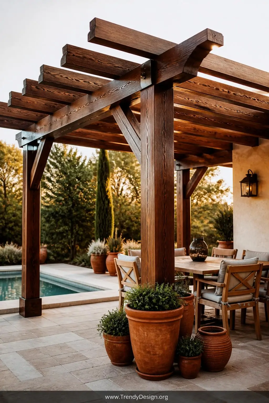 Natural cedar wood pergola with deep walnut-stained beams positioned over a poolside patio, warm honey and amber tones glowing in golden hour light, teak outdoor dining set with cream cushions underneath, terracotta planters clustered at each post, closeup shot highlighting the rich grain and texture of the stained timber beams.