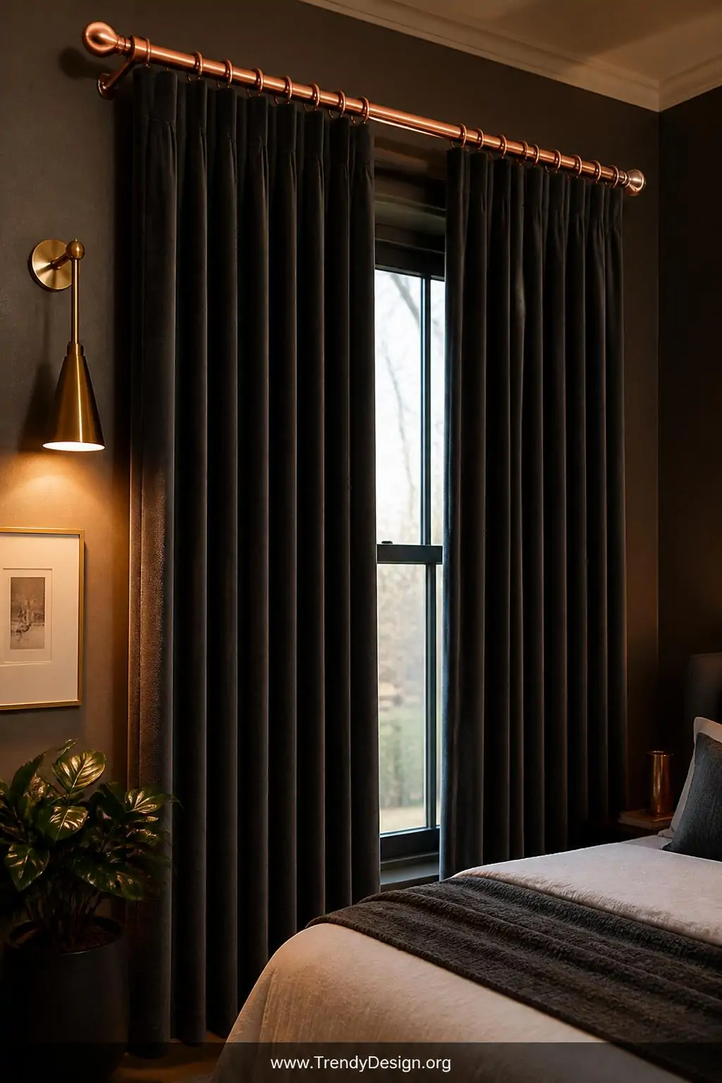 Polished copper pipe curtain rod with decorative end caps mounted above floor-length charcoal velvet drapes in a sophisticated bedroom, warm brass sconce lighting illuminating the hardware details, medium shot.