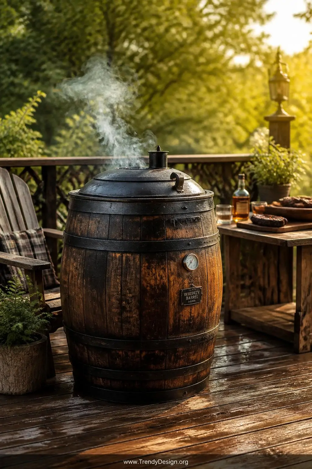 Charred oak whiskey barrel smoker on a rustic cedar deck, outdoor entertaining space, farmhouse style, deep brown and caramel wood grain texture with blackened stave edges, golden late-afternoon sunlight warming the curved barrel surface, wisps of smoke curling from a fitted lid against a blurred green garden backdrop, wide shot.