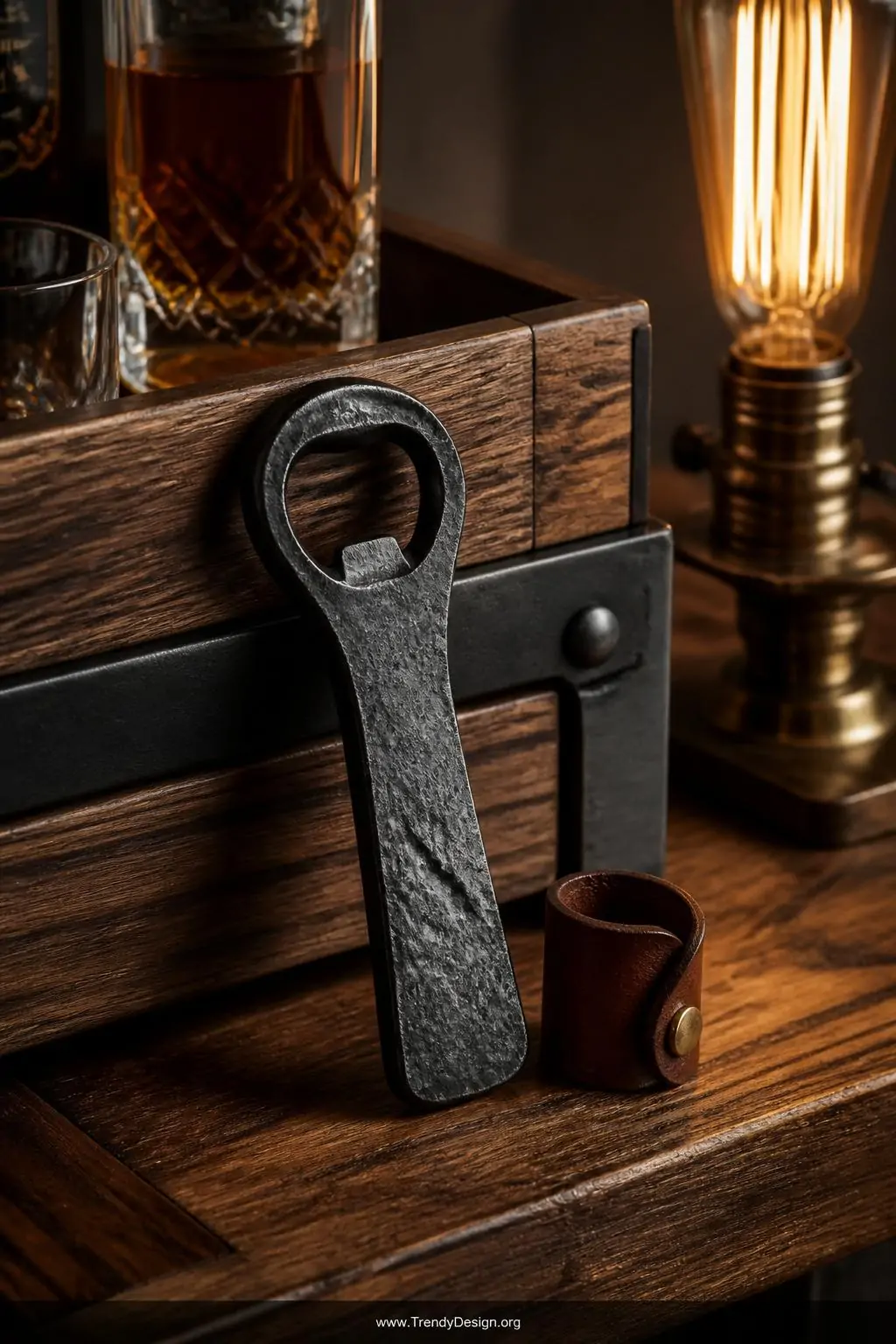 Hand-forged dark steel bottle opener with raw hammered texture resting against a reclaimed walnut wood bar cart beside a leather cord holder, warm Edison bulb glow illuminating the rough iron patina against honey-toned wood grain, closeup shot.