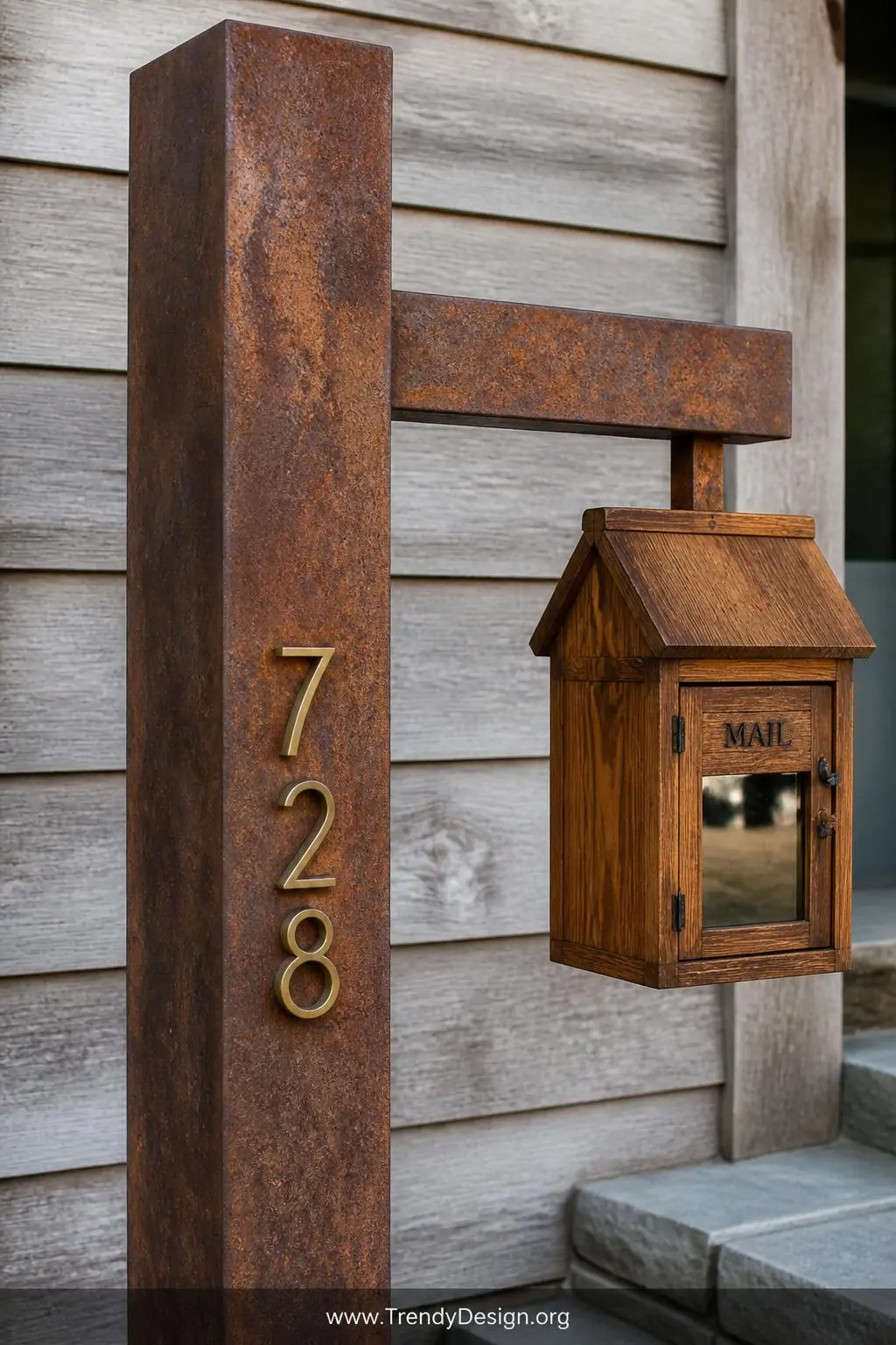 Rustic Corten steel mailbox post with horizontal extending arm displaying a warm reddish-brown natural rust patina, closeup shot revealing the rich textured oxidized surface detail against a backdrop of weathered shiplap siding with a wooden lantern-style mailbox attached.