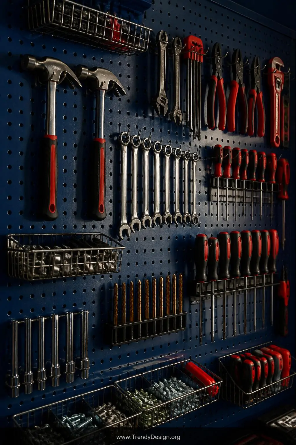 Close-up photorealistic interior design shot of a floor-to-ceiling pegboard tool wall painted deep navy blue, filled with chr