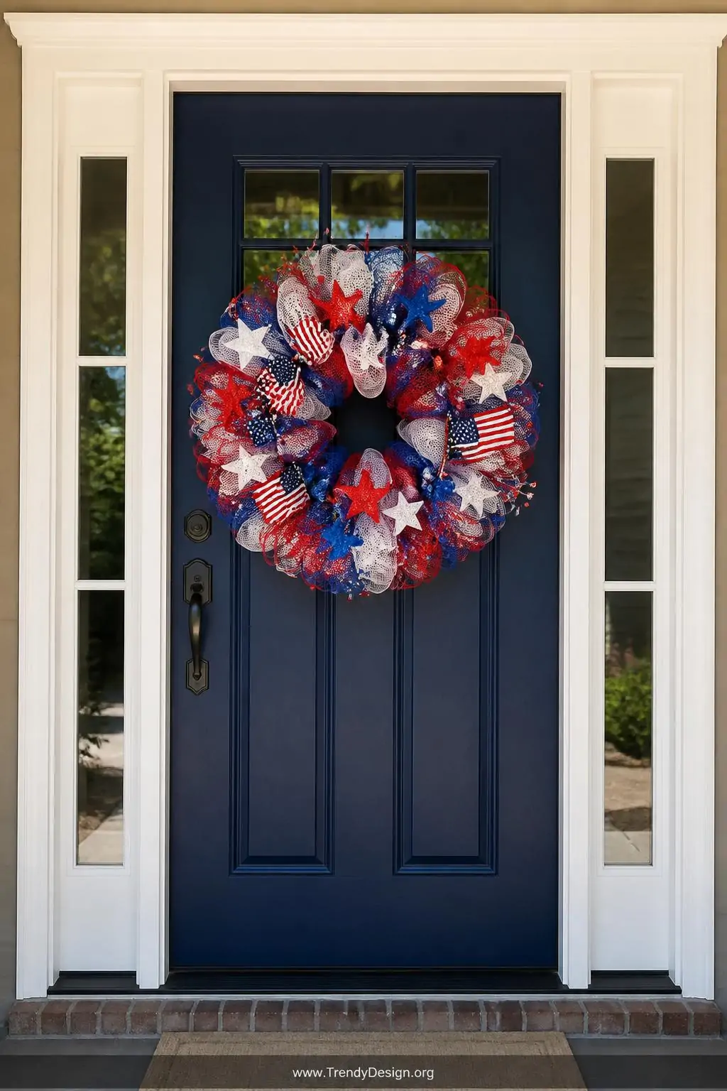 Red, white, and blue layered deco mesh wreath with decorative star picks, tiny American flag accents, and ruffled alternating mesh loops displayed on a navy blue painted front door, bright midday sunlight, wide shot.