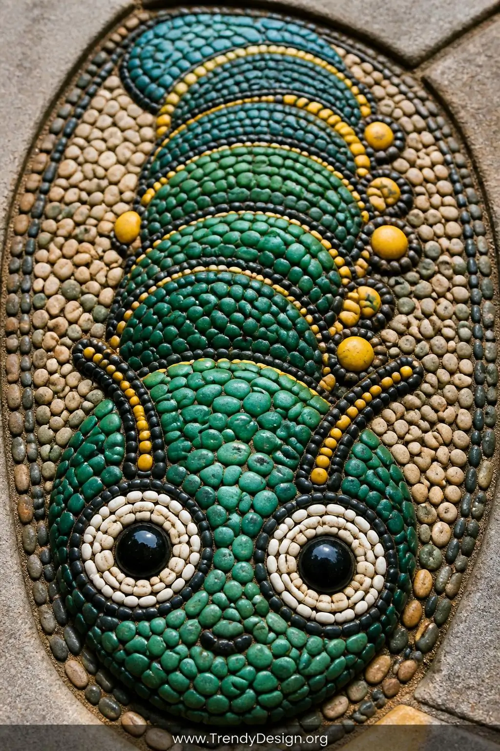 Tightly packed mosaic pebbles pressed into a stepping stone in a detailed caterpillar design on a garden pathway, emerald green and turquoise body segments contrasting with bright yellow accent pebbles and bold black and white eye details, intricate handcrafted texture against smooth grey concrete surroundings, bright overhead daylight, extreme closeup.