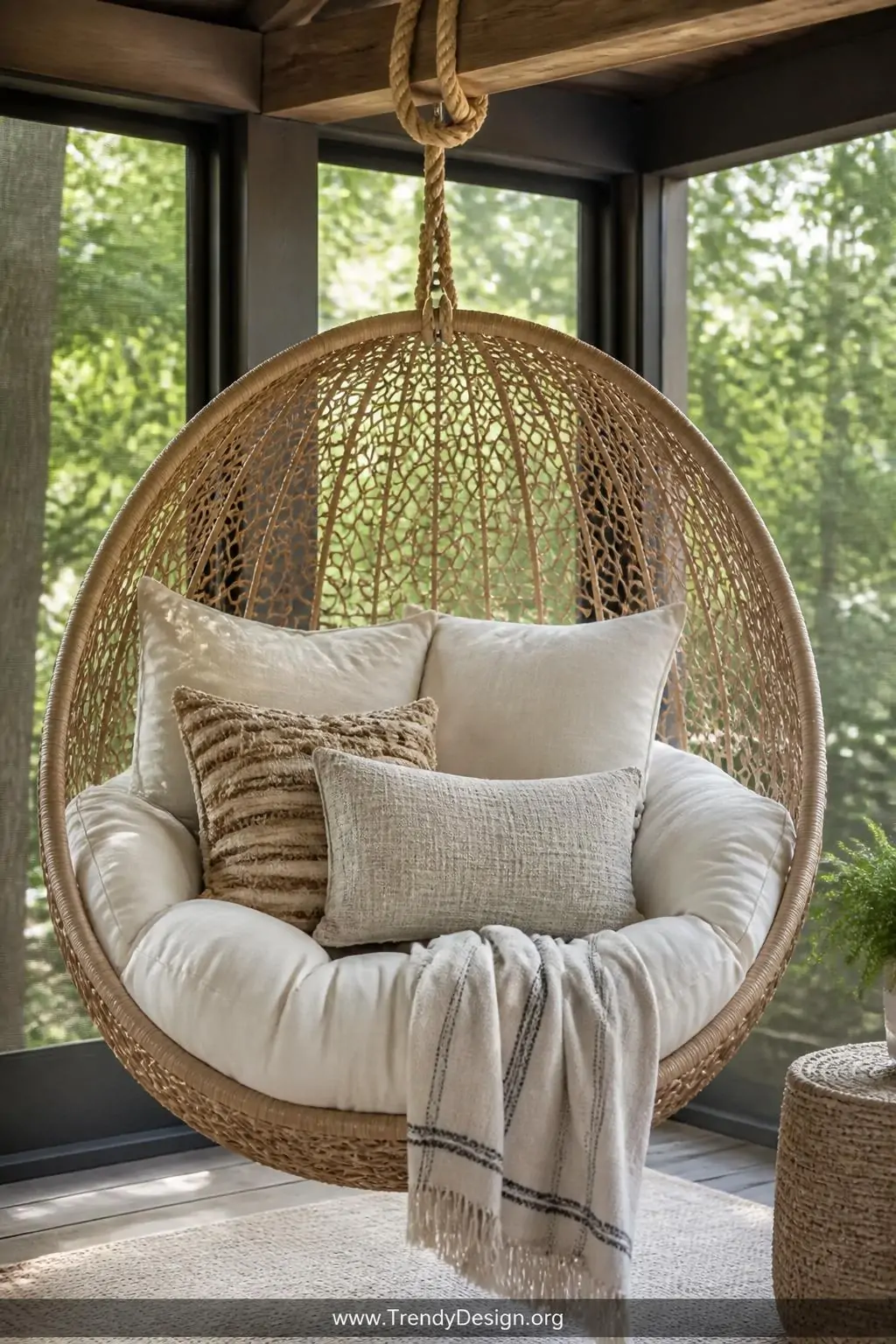 Hanging rattan egg chair with plump weather-resistant ivory cushions and layered throw pillows suspended from exposed wooden ceiling beam in a screened porch, dappled natural light filtering through screens, closeup of chair and textile detail.
