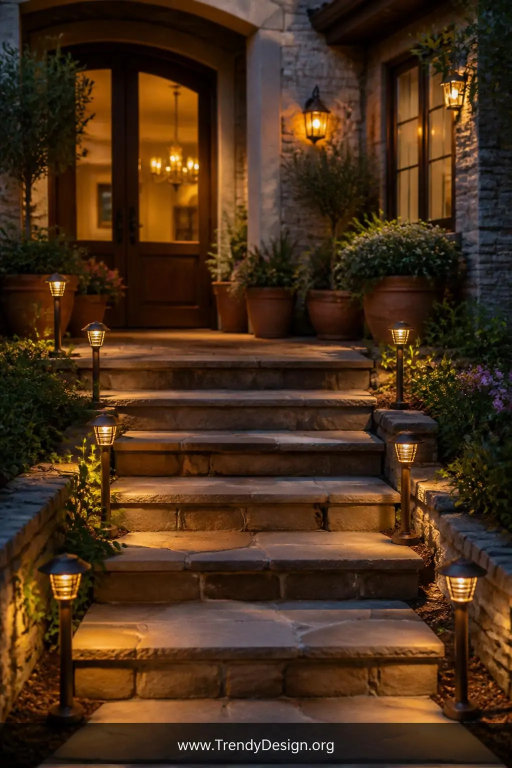 Brushed bronze solar stake path lights lining both sides of stone porch steps at dusk, soft low amber glow illuminating terracotta potted plants flanking the entrance, medium shot capturing the welcoming pathway leading upward, photorealistic interior design.