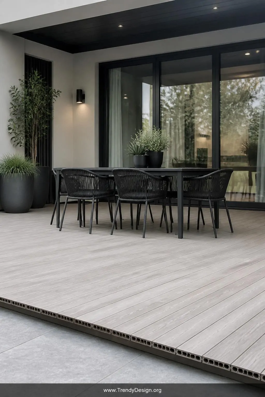 Pale driftwood composite decking planks on a contemporary low-maintenance terrace, convincing wood-grain texture in cool gray-beige tones, sleek black powder-coated outdoor dining table and chairs arranged neatly, soft overcast daylight revealing the hollow-core board profile edges, medium wide shot, photorealistic interior design.