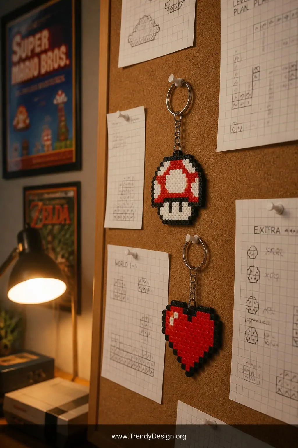 Pixel art mushroom and heart video game icon Perler bead keychains pinned to a corkboard covered in graph paper patterns, warm desk lamp glow, vintage gaming posters blurred in background, medium closeup shot