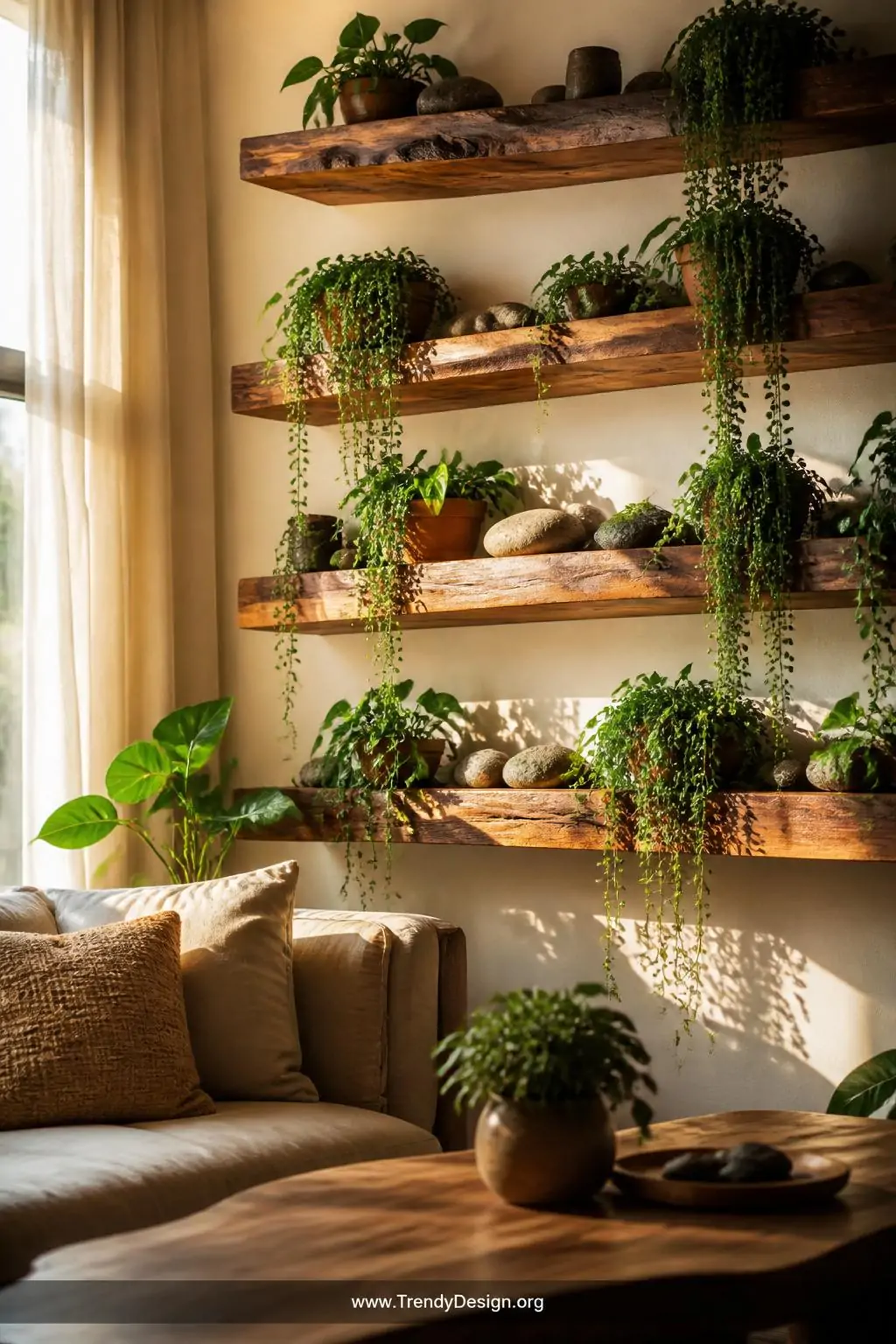 A wide photorealistic interior design shot of a living room wall lined with live-edge raw walnut floating shelves in deep hon
