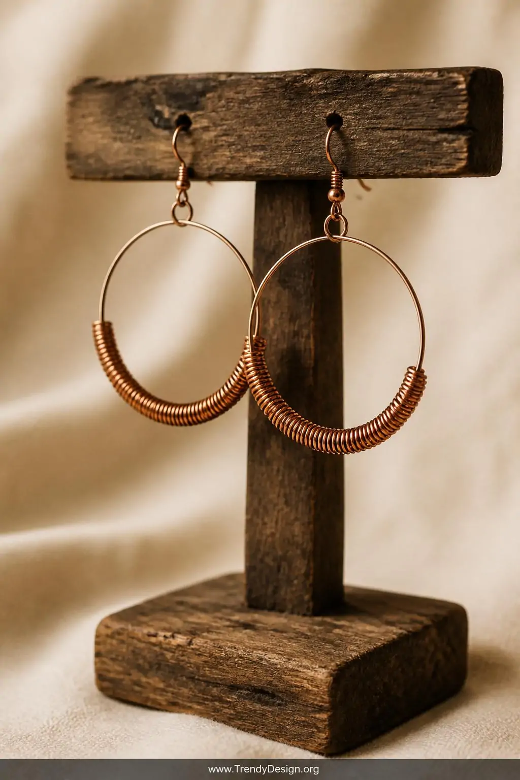 Copper wire half-wrapped hoop earrings hanging from a rustic reclaimed wood earring display stand against a warm cream linen backdrop, warm metallic tones, shallow depth of field, closeup shot
