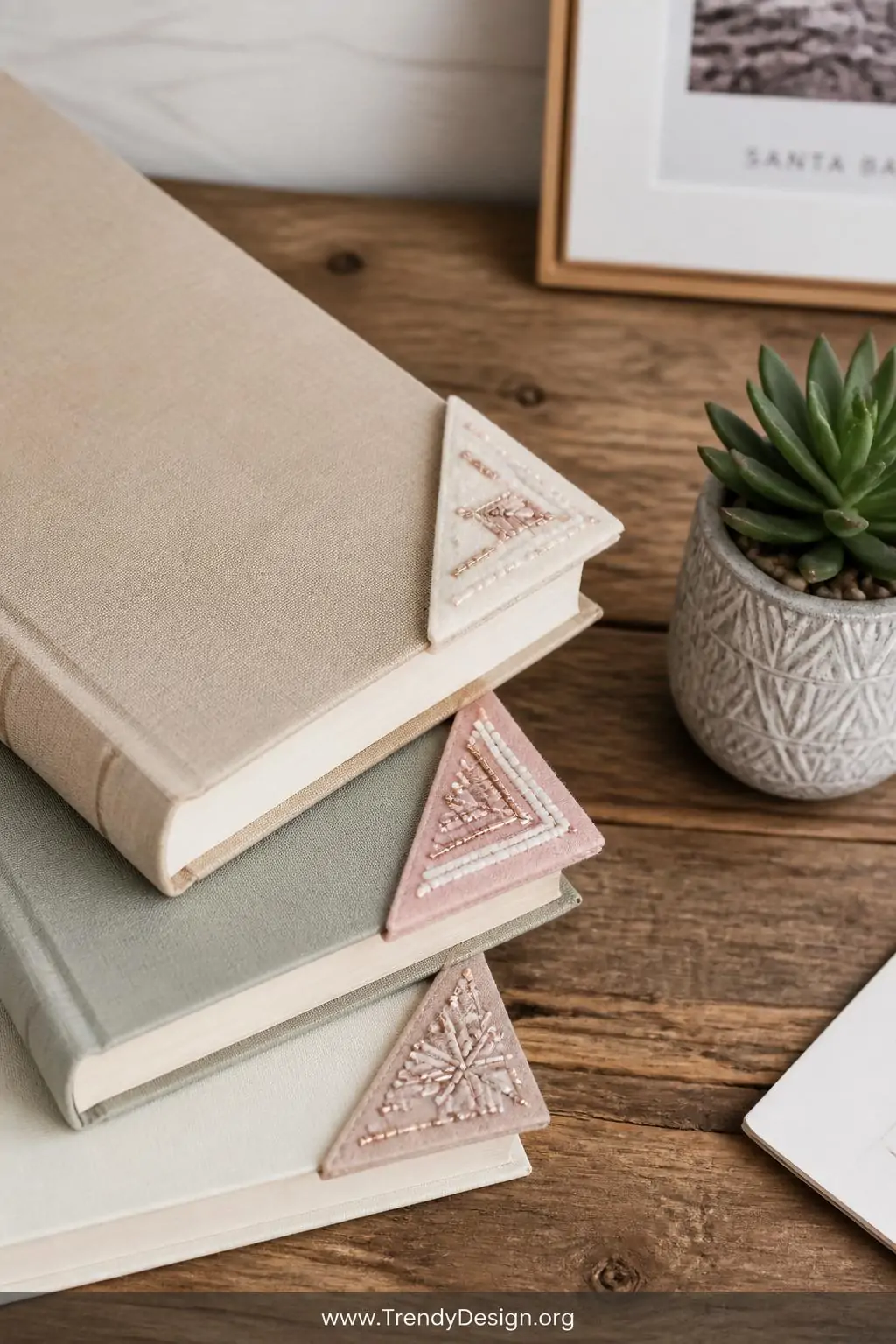 Three beaded corner page markers clipped onto stacked hardcover books on a rustic wooden desk, felt triangles decorated with tiny geometric bugle bead patterns in blush, rose gold, and cream, styled beside a small potted succulent in soft diffused natural light, cozy home office, medium shot.