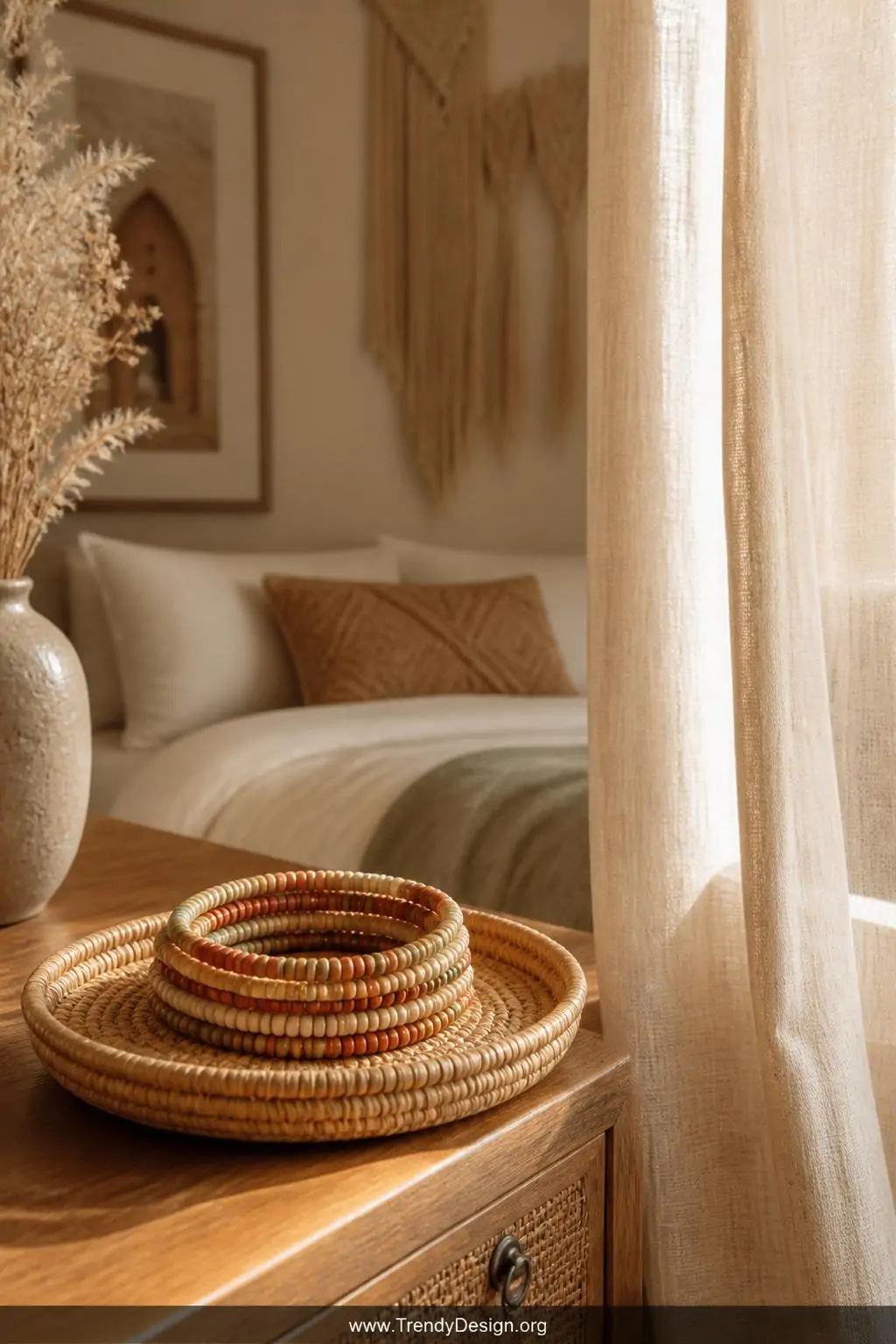 Four delicate seed bead wrap bracelets in earthy terracotta, sage green, cream, and rust tones coiled together on a woven rattan jewelry dish beside a sun-drenched linen curtain, boho bedroom setting, wide shot showing the layered bohemian stack in full natural afternoon light.