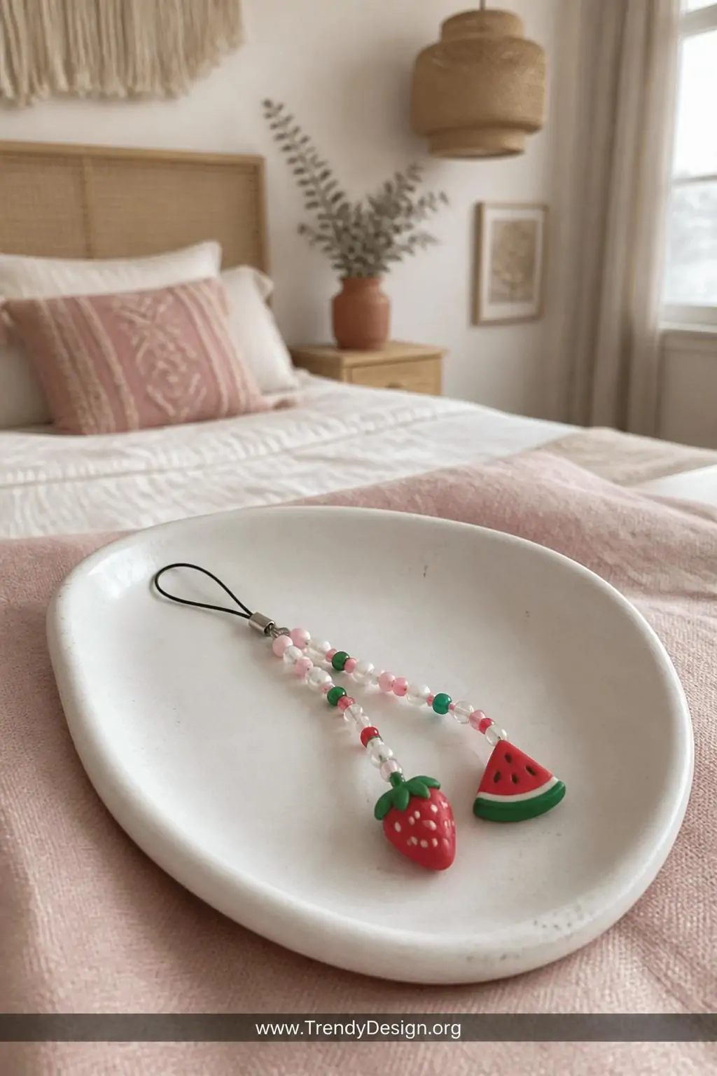 Fruit-shaped polymer clay strawberry and watermelon beaded phone charm resting on a white ceramic dish atop a pale pink linen tablecloth in a soft bohemian bedroom, diffused daylight, closeup