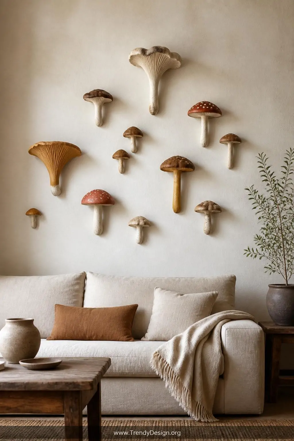 Collection of hand-sculpted clay mushroom wall art pieces in varied shapes including chanterelles and fly agarics hung in an organic loose grouping on a warm white plaster wall above a linen sofa, muted afternoon light casting soft shadows, wide interior shot, photorealistic interior design