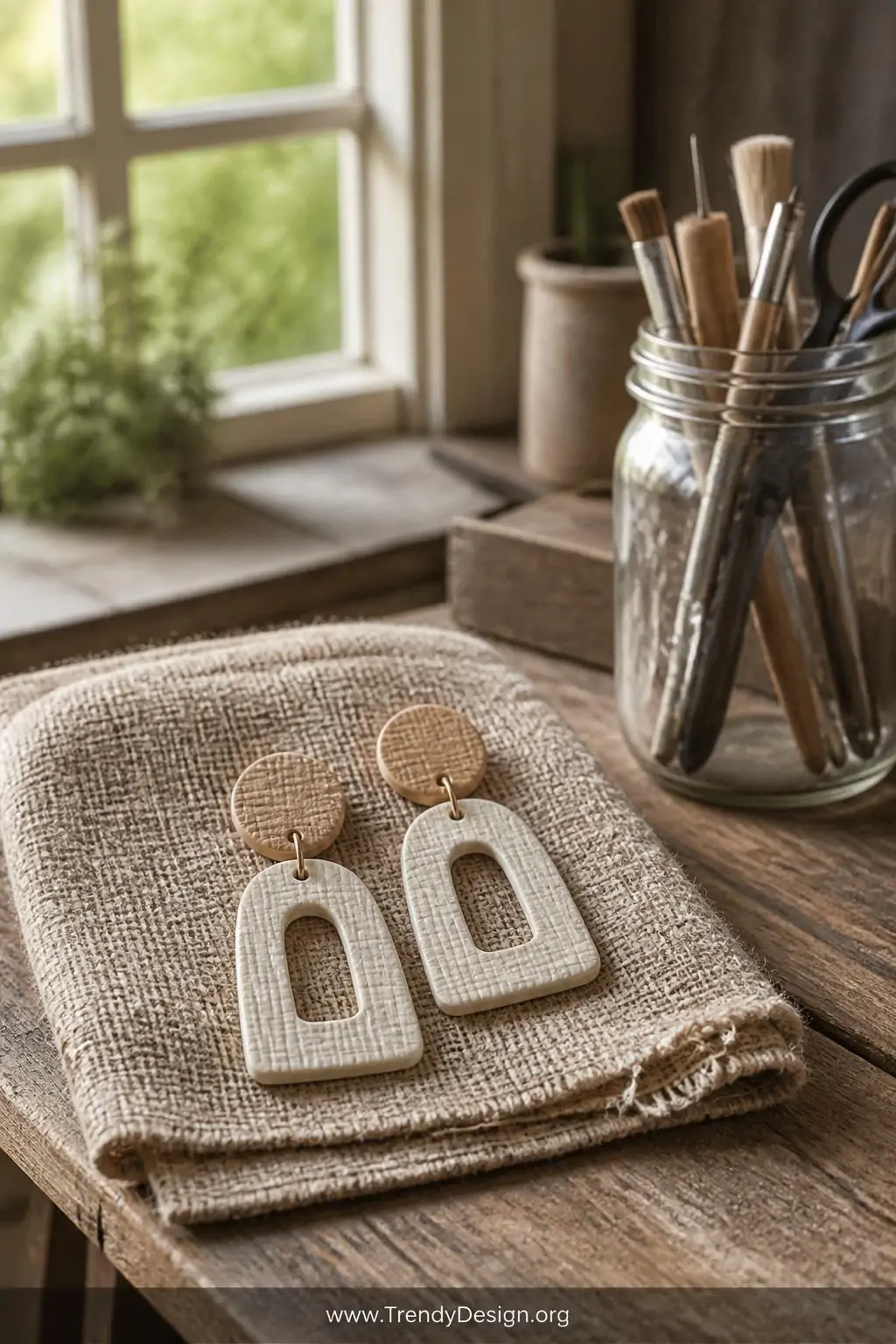 Textured linen-impression polymer clay earrings in sand and warm ivory tones resting on a folded piece of burlap fabric beside a mason jar of crafting tools, soft diffused natural light, matte varnish finish visible, medium shot on a rustic farmhouse workbench.