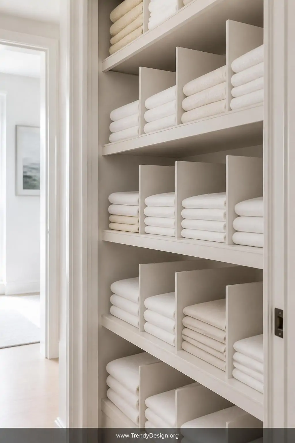 Medium shot of open linen closet shelves fitted with sleek matte white acrylic shelf dividers creating neat individual lanes,