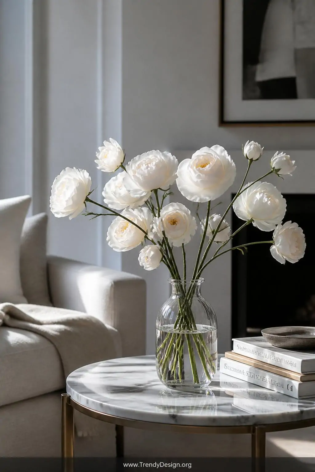 Cold porcelain clay rose bouquet with thin translucent white petals on wire stems wrapped in floral tape, displayed in a small glass vase on a minimalist living room side table, cool natural light casting delicate shadows, medium shot.