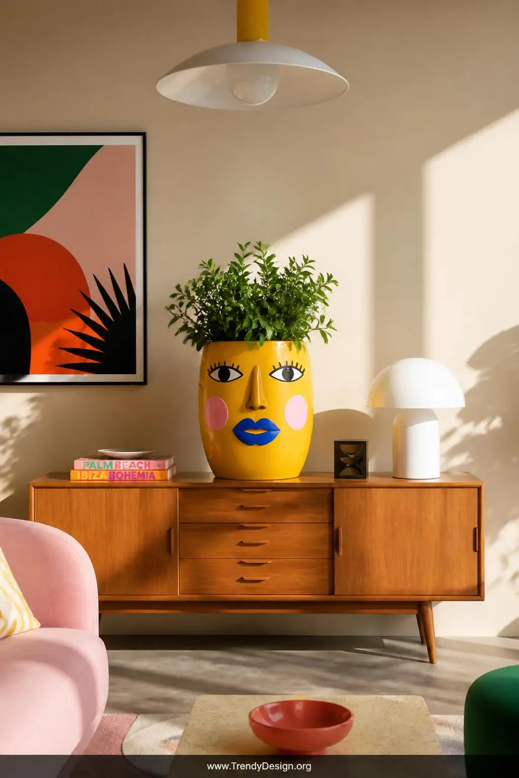 Chunky retro face planter with oversized cobalt blue lips, exaggerated round painted cheeks, and bold sunshine yellow color-blocked finish centered on a mid-century modern sideboard in a bright playful living room, overhead pendant light casting sharp shadows, wide shot.