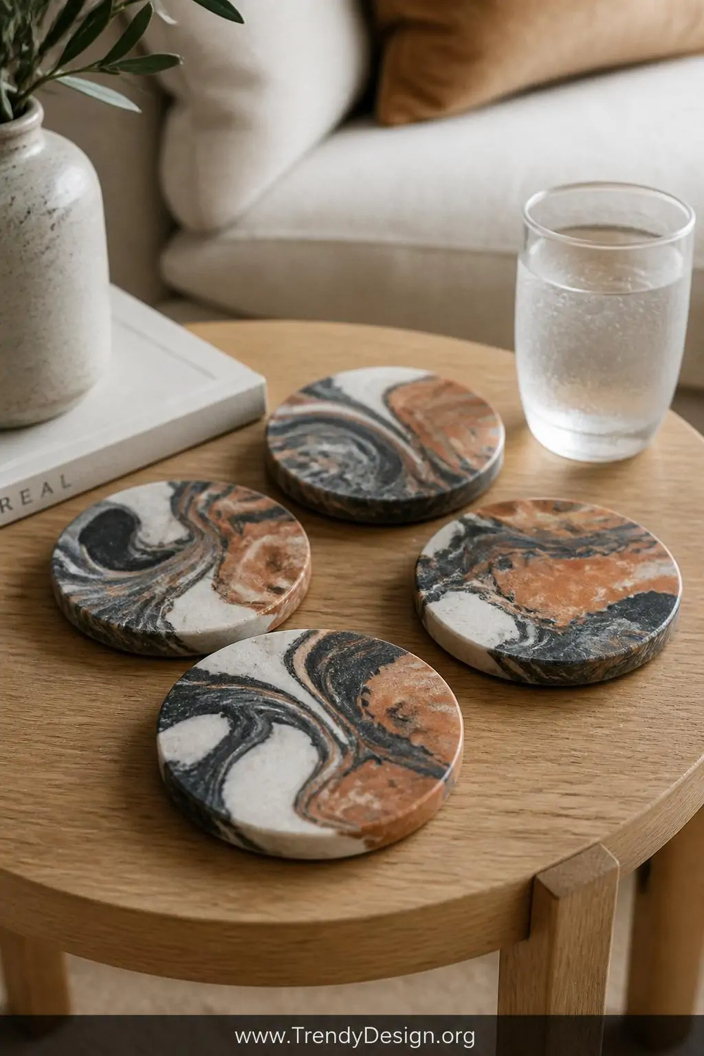 Marbled concrete coasters with dramatic charcoal and terracotta swirled pigment patterns displayed on a light oak side table beside a condensating glass, a warm linen sofa blurred softly in the background, closeup shot revealing every unique abstract swirl detail.