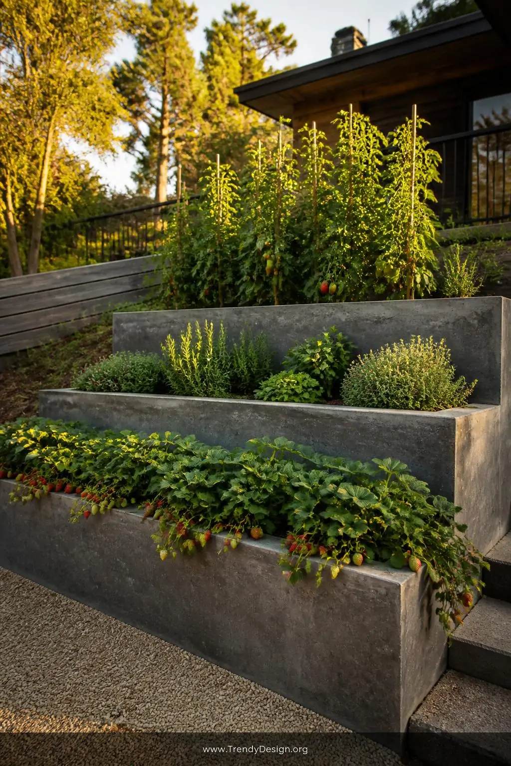 Tiered concrete raised garden bed built into a gently sloping backyard, terraced landscape style, three descending stacked concrete levels in warm charcoal tones holding bright red strawberry plants cascading over the front edge, bushy green herbs in the middle tier, tall staked tomato plants rising from the top level, golden late-afternoon sunlight, wide environmental shot