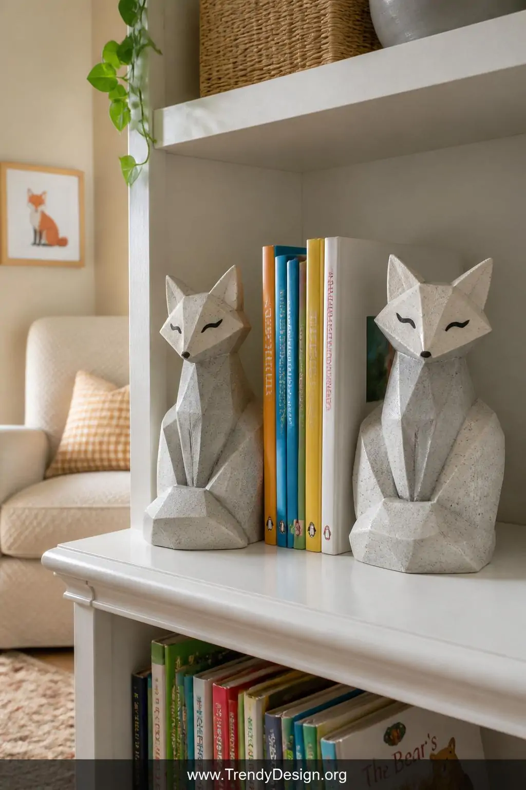 Pair of sculptural concrete geometric fox bookends with delicate acrylic-painted black eye details sitting on a painted white wooden shelf surrounded by colorful children's books, cozy reading nook with warm cream walls and a soft woven fabric chair visible in background, medium shot capturing the whimsical yet grown-up sculptural quality.